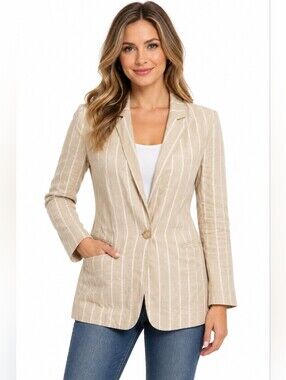 Gap Women's Linen Blazer Tan Striped Blazer Suze 0 Pockets Office Business Wear